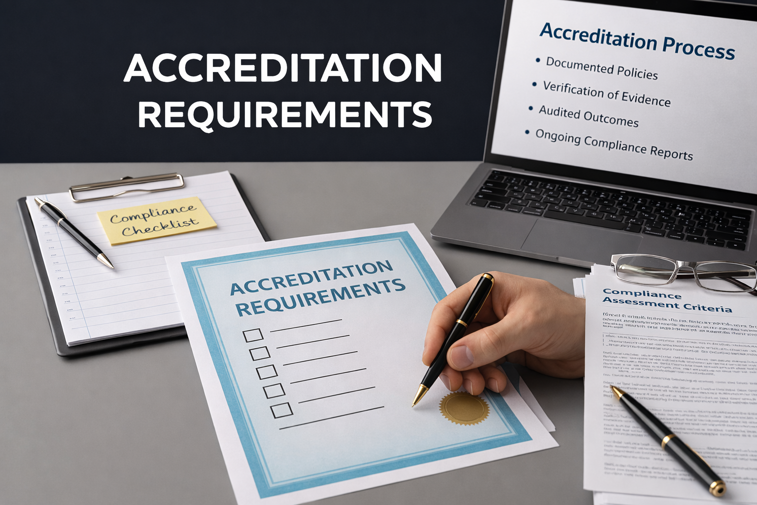 Accreditation requirements document and compliance checklist on a professional desk, illustrating CPD accreditation criteria, evaluation processes, and verification standards.