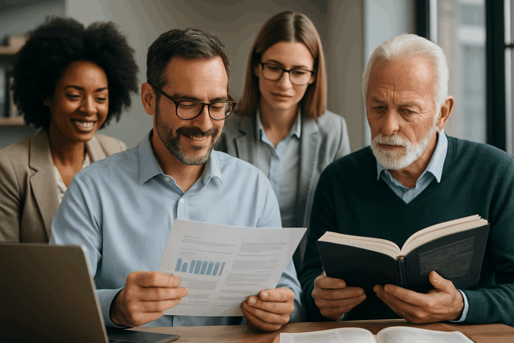 Team of professionals reviewing training materials, illustrating the mission and standards outlined on the About International Professional Learning Standards Organisation page
