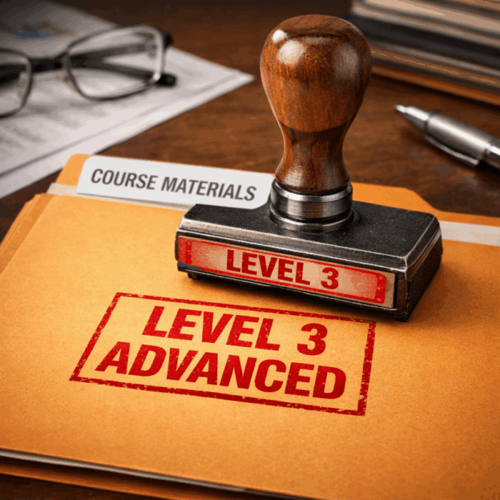 Rubber stamp marking “Level 3 – Advanced” on a course materials folder, representing course approval  levels allocation and verified professional competence.