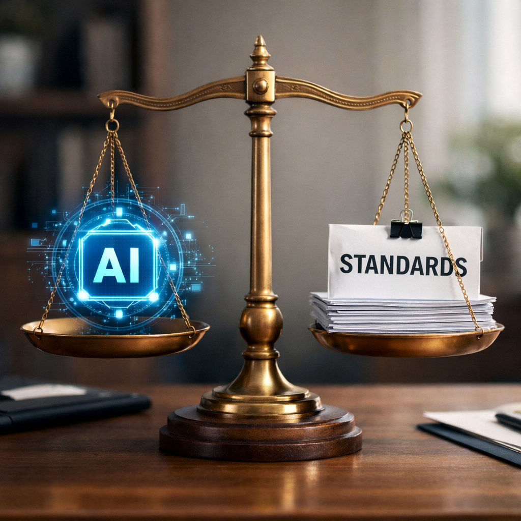 Brass balance scale on an office desk weighing a glowing AI icon on one side and a stack of documents labeled “STANDARDS” on the other, symbolizing the balance between AI-generated content and professional standards verification for validity of online course certificates
