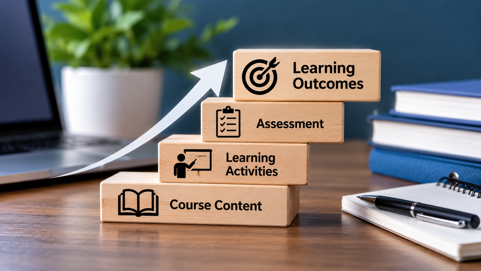 Wooden blocks arranged as ascending steps representing course content, learning activities, assessment and learning outcomes, with an upward arrow symbolising progress in training course design. A laptop, books, plant and notebook complete the professional learning environment.