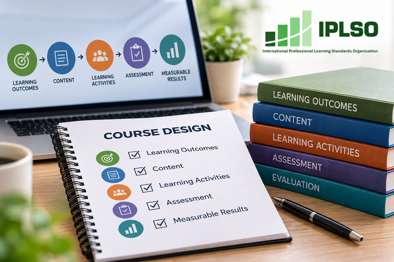 IPLSO course design illustration showing how learning outcomes guide course design, content, learning activities, assessments and measurable training results.
