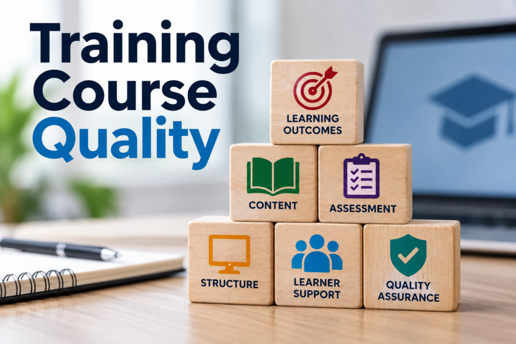 Graphic titled “Training Course Quality” with wooden blocks representing learning outcomes, content, assessment, structure, learner support and quality assurance.