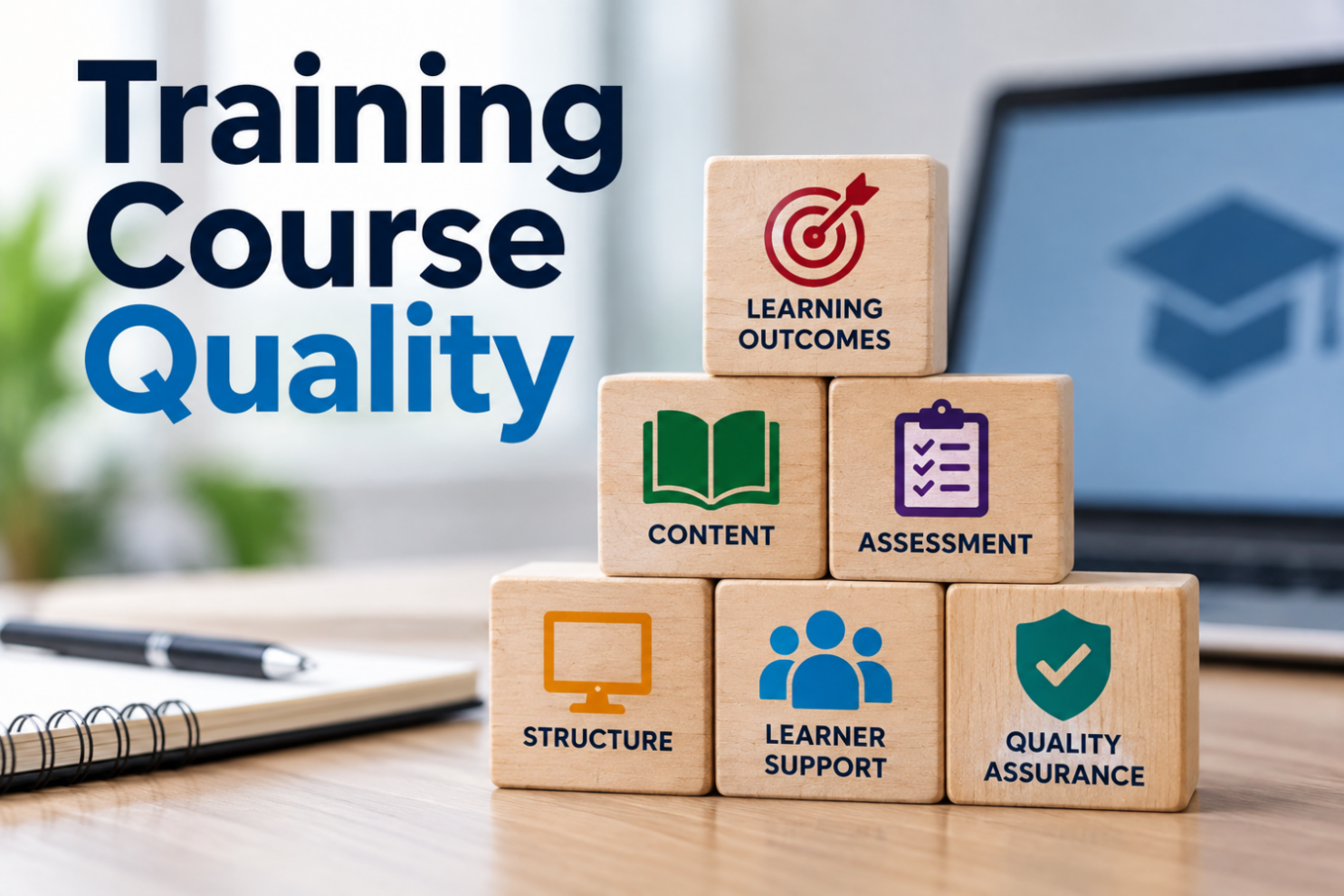 Graphic titled “Training Course Quality” with wooden blocks representing learning outcomes, content, assessment, structure, learner support and quality assurance.